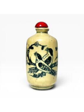 Antique Chinese Yellow Porcelain Blue 2 Birds Flowers Snuff Bottle & Red Stopper